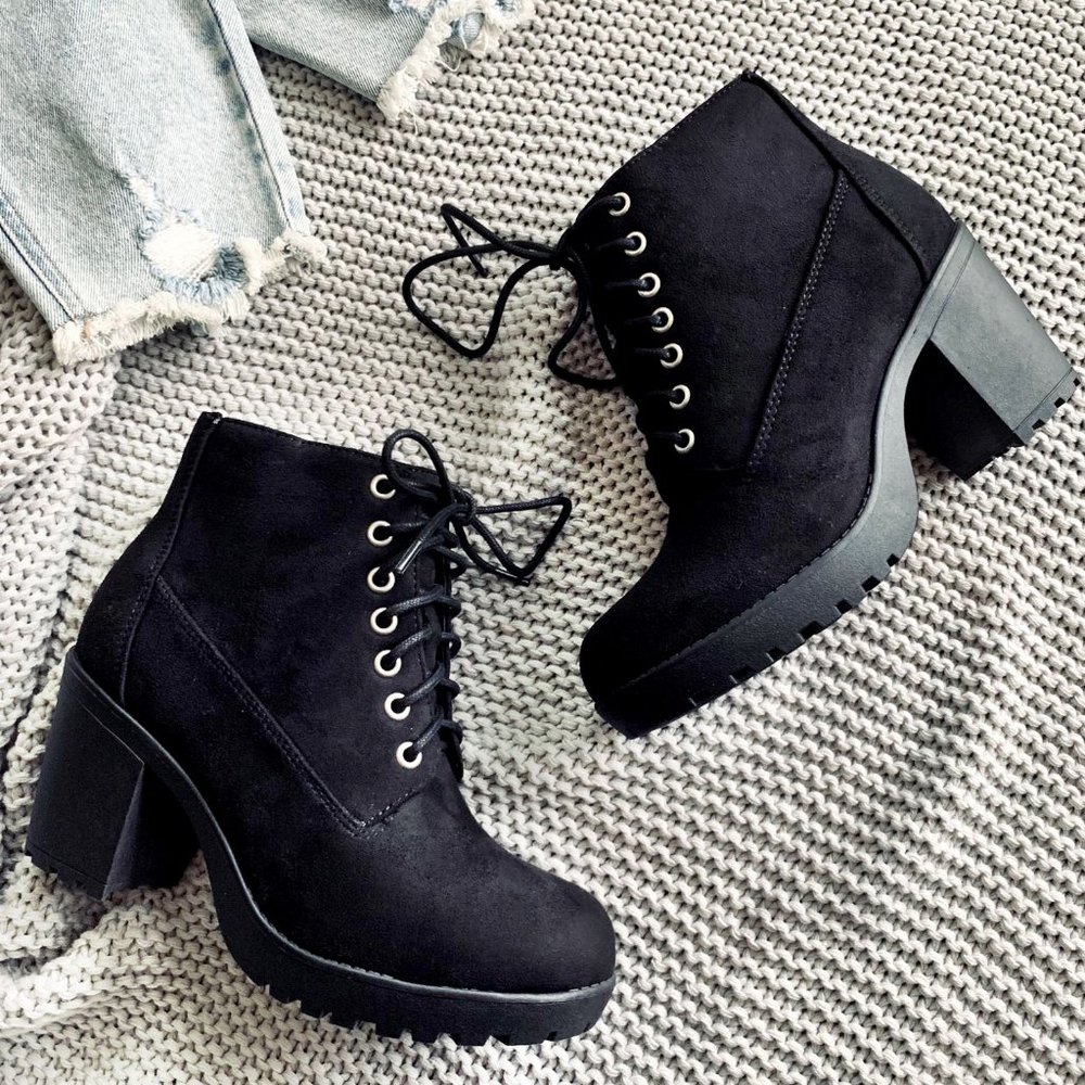 Soda Black Suede Lace-Up Chunky Heel Ankle Booties - Picture 3 of 8
